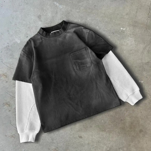 เสื้อถักวาฟเฟิลวินเทจแบบกำหนดเองเสื้อยืดผ้าฝ้าย100% สองชั้นแขนยาวสต็อกสไตล์วินเทจซักแบบลำลอง - Product Image 3