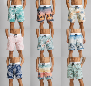 <b>Men</b> Beach Shorts Quick Dry Drawstring Mid Waist Printed Polyester Swim <b>Trunks</b> Short Length Floral Palm Wave Pattern - Product Image 2