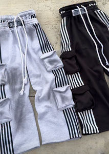 Custom Multiple Pockets <b>Cargo</b> Pants Heavyweight Cotton Double Waist Striped <b>Wide</b> <b>Leg</b> French Terry Washed Baggy Sweatpants - Product Image 3