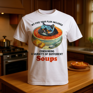 T-shirt da donna Fat Cat Soup Bowl con stampa 'Il mio piano a cinque anni include consumare zuppe' - Abbigliamento promozionale - Product Image 3