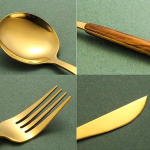 Juegos de cubiertos chapados en oro de primera calidad, cubiertos de buena calidad, tallo de madera Natural, boda, comedor ocasional, uso doméstico, cocina amigable - Product Image 4