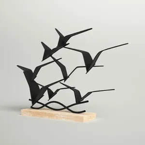 รูปปั้นนกโลหะสีดำมีเอกลักษณ์พร้อมฐานไม้ตกแต่งโต๊ะ - Product Image 2