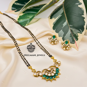 Elegant Green Emerald Stone Mangalsutra Necklace Traditional Bridal Black Bead Jewelry For Women Wedding Wear - Product Image 1
