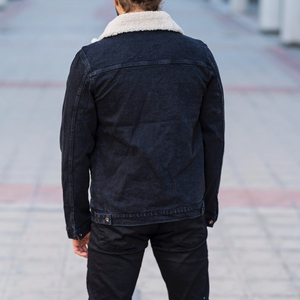 Veste en jean pour homme en gros avec fourrure en jean noir Veste en jean pour homme Logo personnalisé 98% coton 2% élasthanne - Product Image 3