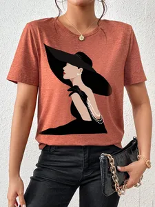 Women's for Color T-Shirt with Elegant Lady Print Turtleneck Short Sleeve Casual Summer <b>Top</b> 100% Cotton Jersey Fabric Logo - Product Image 5