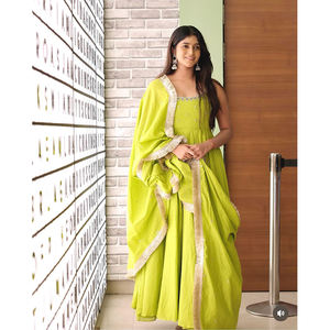 Super elegante nueva moda pura Chinon seda hecha secuencia bordado trabajo Anarkali vestido pantalón Dupatta conjunto para boda - Product Image 1