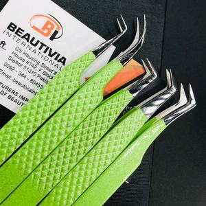 Pinzas de extensión de pestañas de acero inoxidable con purpurina verde neón y plata de etiqueta privada Pinzas de pestañas de Punta puntiaguda personalizables - Product Image 2