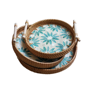 Bandeja de ratán con incrustaciones para decoración de mesa, hecha a mano, redonda, Perla Madre, para servir, hecha en Vietnam - Product Image 1