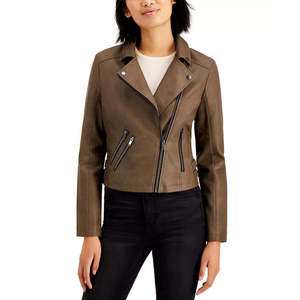 Giacca Moto in Ecopelle Beige con Colletto Alto per Ragazzi, Stile Caffetteria, Stagione Autunnale - Taglia Piccola - Product Image 1