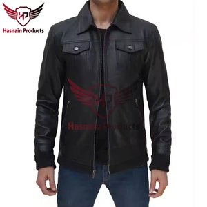 Veste à capuche en cuir véritable noir pour homme, avec cordon de serrage, poches à rabat, fermeture éclair, style motard, en peau de mouton, vêtement d'extérieur personnalisé pour l'hiver - Product Image 4
