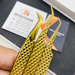 Pinzas profesionales para extensión de pestañas doradas con etiqueta privada, acero inoxidable sin óxido, volumen de calidad sostenible, puntiagudas - Product Image 2