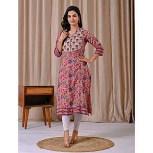 Kurti Recto con Estampado Floral Rosa, Vestido de Algodón Moderno con Estampado Floral - Product Image 4