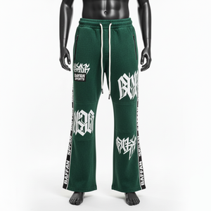 Pantalon évasé en polaire de polyester de qualité supérieure, tissu extensible doux, vert, noir, panneau latéral, logo imprimé personnalisé, pantalon évasé pour homme - Product Image 1