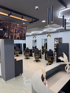 Barber <b>Chair</b> Styling Reclining Hydraulic <b>Gold</b> Frame Black Faux Leather Seat Adjustable Height Round Base Barbershop Furniture - Product Image 6