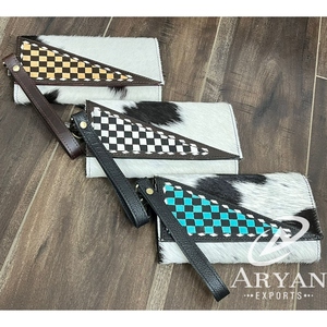 Portefeuille-bracelet en cuir de vachette véritable de luxe, motif à carreaux, fait main, OEM ODM, nouveau modèle - Product Image 1