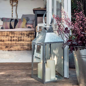 <b>Set</b> Two Elegant Galvanized Metal Outdoor Candle <b>Lanterns</b> Natural Finish for Home Decor Weddings Christmas Includes Wood Candle - Product Image 3