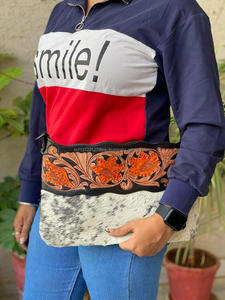 New Western Stylish Tooled Cowhide Fur Leather Sling Bag Women Handcrafted Tooled Leather Mini Cross Body Side Sling Bag - Product Image 4