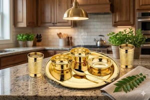 Service de table en laiton de qualité supérieure fabriqué en Inde, gravé, authentique, pour dîner, cadeau, ensemble de thali/assiettes en laiton pur - Product Image 2