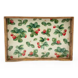 Plateau de service en bois rectangulaire de nouvelle conception avec des poignées de motif imprimé de fraise pour l'utilisation de vaisselle de décor à la maison de thé de petit déjeuner - Product Image 1