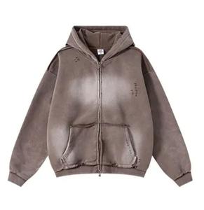 Nouvelle mode Double fermeture éclair Vintage Hoodies personnalisé Streetwear acide fermeture éclair lavé 450 GSM pull à capuche - Product Image 2
