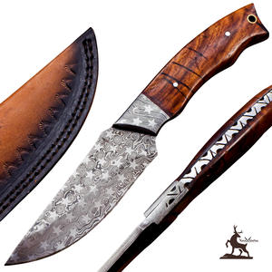 Couteau de skinner en acier damas fait à la main personnalisé avec manche en bois de rose belle gaine en cuir de qualité EDC supportée OEM - Product Image 1