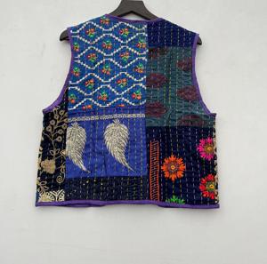 Handmade <b>Women's</b> <b>Knitted</b> Patchwork Cotton Kantha Puffer <b>Vest</b> V-Neck Short Winter Jacket Embroidery Streetwear Style Logo - Product Image 5
