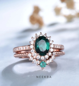 2ชิ้นชุดแหวนแต่งงานอาร์ตเดคโค14K สีโรสโกลด์เนื้อวงรีตัดจากห้องทดลองเครื่องประดับเจ้าสาวสีมรกตจากอินเดีย - Product Image 1