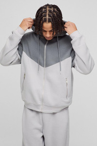 Venta al por mayor 420GSM Peso pesado Gris claro Color Block Chándal Hombres Regular fit Zip up Hoodie & Jogger set Color Block Hoodie - Product Image 2