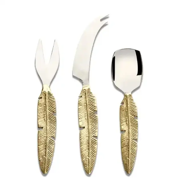 Set Of 3 Feather Design Handle Gold Cheese Table Top Stainless Steel Flatware Cheese Tools Kitchen Cutting Cheese Butter Knives