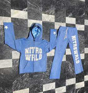 Conjuntos de pantalones con capucha y cremallera con logotipo personalizado, chándales Sunfade lavados con ácido, parches de socorro bordados con diamantes de imitación de punto informales - Product Image 2