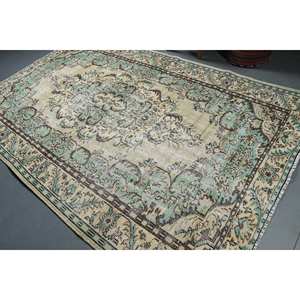 Tapis turc vintage 6.2 X 9.7ft vert beige tissage plat laine motif patchwork pour décorations de salon couloir utiliser du latex - Product Image 4