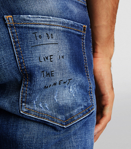 Jean slim décontracté pour hommes avec fermeture à glissière respirant 100% coton 3D broderie de cristaux de haute qualité personnalisable - Product Image 3