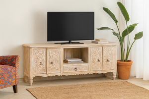 Meuble TV convertible de luxe extensible en bois massif, style ferme moderne, pour salon, avec sculpture artisanale - Product Image 5