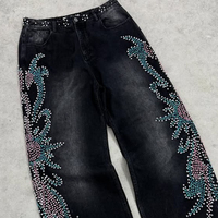 Boy Vintage güneş soluk mavi Baggy düğme kapatma Unisex Rhinestone sıkıntılı erkekler Denim pantolon Flare Staight bacak kot