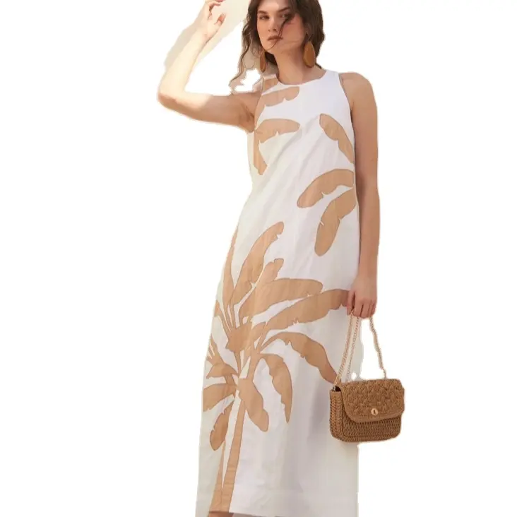 Kleidungshersteller weiße Palme bestickt langes Strandkleid lässig modisch stilvoll heiß begehrtes Kleid