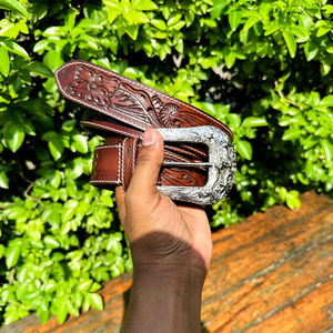 Premium Classic Western Floral Carved Genuine <b>Leather</b> <b>Belt</b> for Men Women Hand Distressed <b>Tooling</b> Party Wear Design - Product Image 2