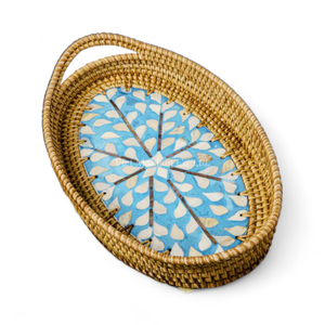 Plateau ovale en rotin de style bohème en gros, incrustation de nacre, design flexible, approvisionnement en vrac, vaisselle décorative pour hôtels - Product Image 2