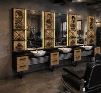Station de Barbier Moderne de Luxe Commerciale Decorsall pour 3 Personnes, Unité de Coiffure en Bois Noir avec Miroirs Doubles LED, Éviers en Céramique et Rangement