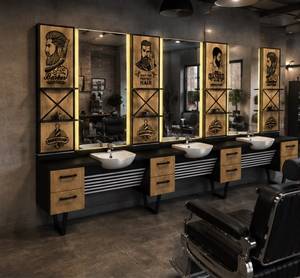 Luxury 3-Person Modern Barber Shop Station Black Wood Styling Unit LED Double <b>Mirrors</b> Ceramic Sinks <b>Storage</b> Cabinets Custom - Product Image 1