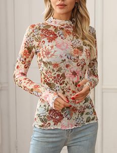 Blouses pour femmes <span class=keywords><strong>mode</strong></span> dentelle à manches longues haut en maille Floral col montant voir à travers imprimé haut en maille vêtements occidentaux femmes - Product Image 5