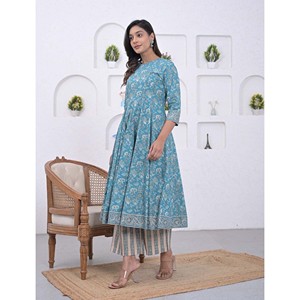 Blue Cotton Anarkali <b>Kurta</b> Pant Set Printed Pakistani Style Indian Ethnic Wear for <b>Women</b> for Party Wear - Product Image 4