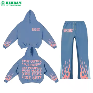 Pantalon évasé personnalisé Behram International avec logo, sweat à capuche vintage, impression sérigraphique, cordon de serrage, streetwear, survêtement de jogging - Product Image 3