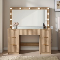 Coiffeuse OEM à miroir large et éclairage LED réglable, avec tiroirs, plateau en verre et station de charge