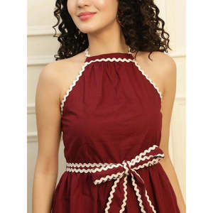Robe courte en coton uni pour femme DEEBACO, sans manches, col halter, avec ceinture, style décontracté western pour l'été - Product Image 2