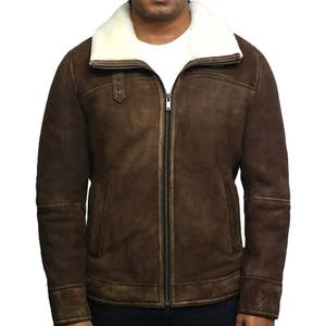Blouson en cuir marron pour homme 2026, veste d'aviateur classique d'hiver avec col en fourrure blanche et fermeture éclair sur le devant - Product Image 5