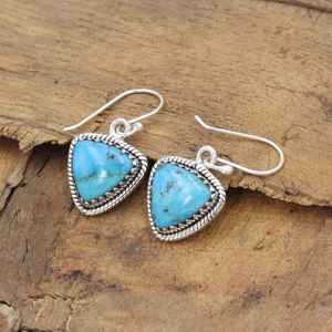 Superb Blue Copper Turquoise Gemstone Trillion Cabochon Vintage Baho Solid 925 Sterling <b>Silver</b> Plated <b>Dangle</b> Drop Womens <b>Earring</b> - Product Image 5