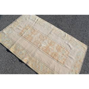 Tapis Turc Vintage Moderne 3.7 X 6.1ft Beige Bleu Patchwork Laine Polyester Latex Support pour Salon Rectangle Couloir Design - Product Image 4