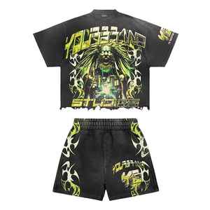 Ensemble t-shirt et short pour hommes avec impression DTF personnalisée deux pièces Streetwear d'été vêtements de sport avec strass par sublimation OEM motif solide - Product Image 2