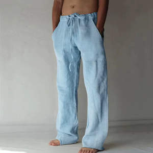 Pantalons en lin 100% coton à la mode pour hommes Vêtements d'été Couleur unie Respirant Taille élastique - Product Image 4