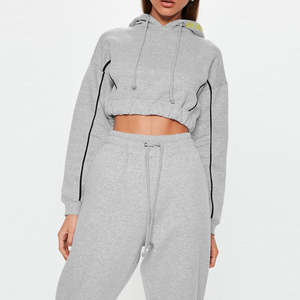 Trajes de jogging de alta calidad de algodón 100% para mujer, conjunto de chándal de 2 piezas de manga larga a la moda, Top corto y Sudadera con capucha - Product Image 3